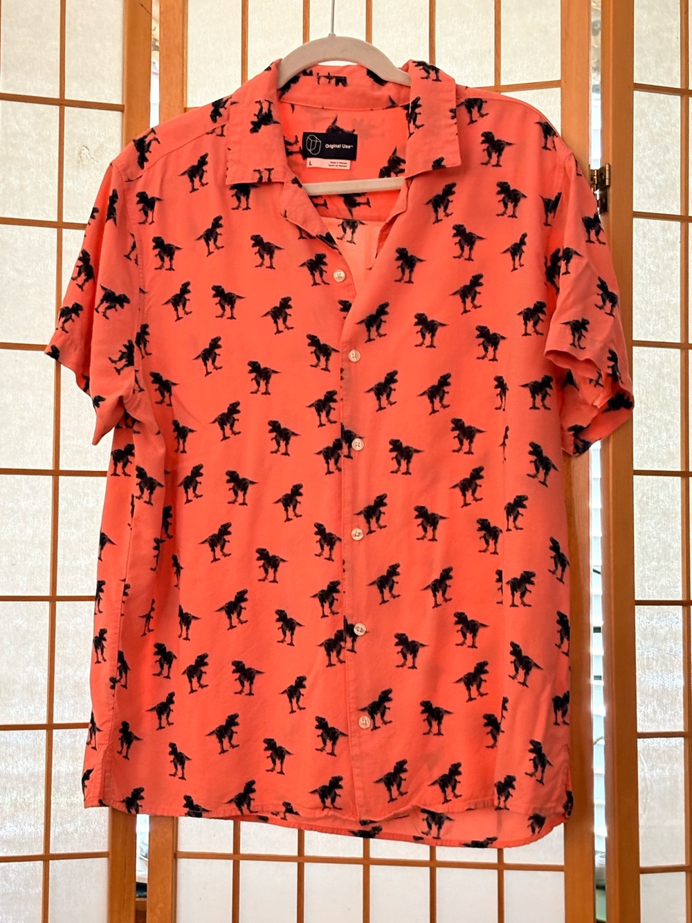 Original Use Coral Short-Sleeve Button-Down with Black Dinosaur Print L